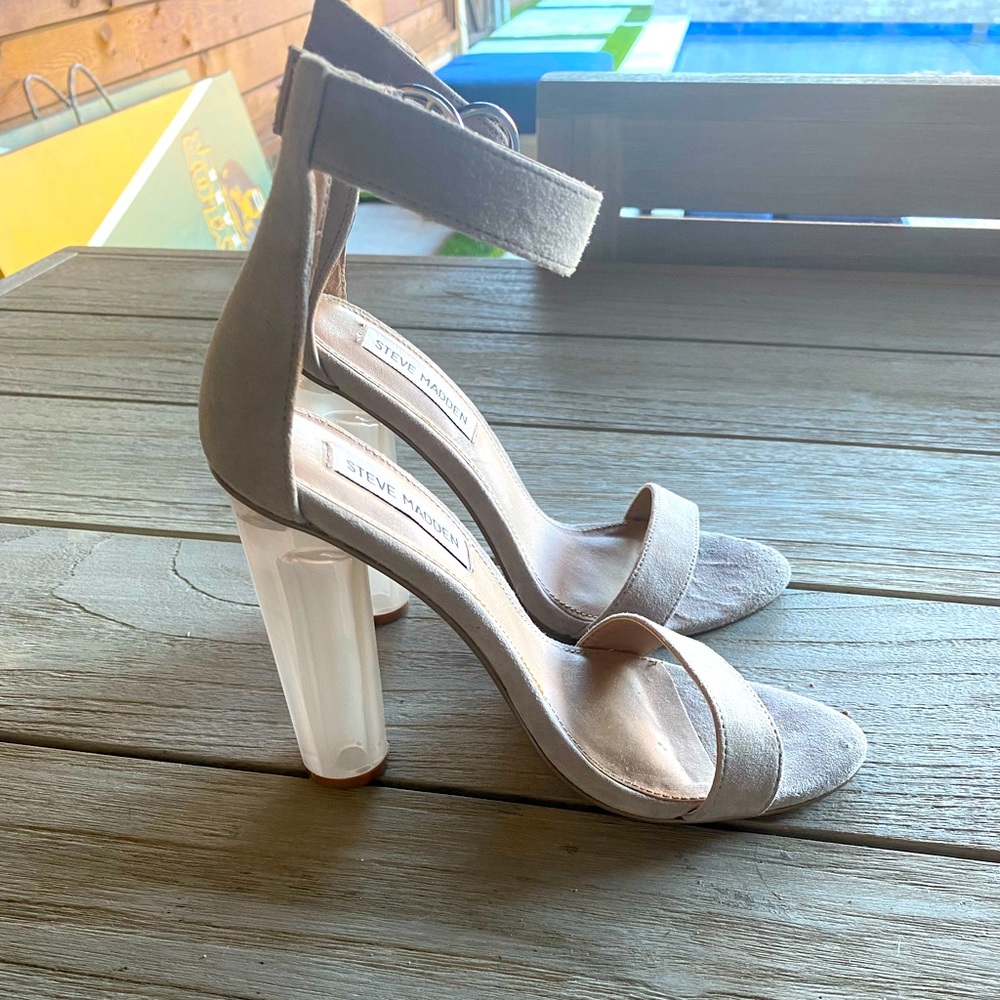 Gray suede ankle strap clear heeled sandles by Steve Madden